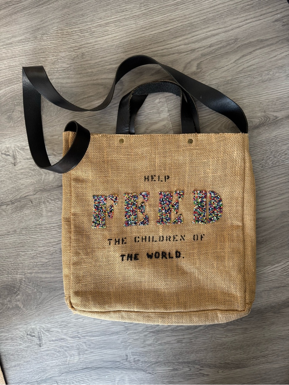FEED beaded Tote Bag in Natural with Black Straps